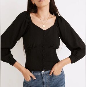 Madewell Preston Puff-Sleeve Smocked Top Black Size XL